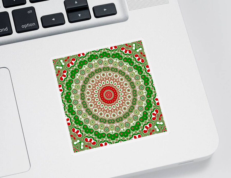 Red Sticker featuring the digital art Holiday Christmas Mandala Kaleidoscope Medallion Flower by Mercury McCutcheon