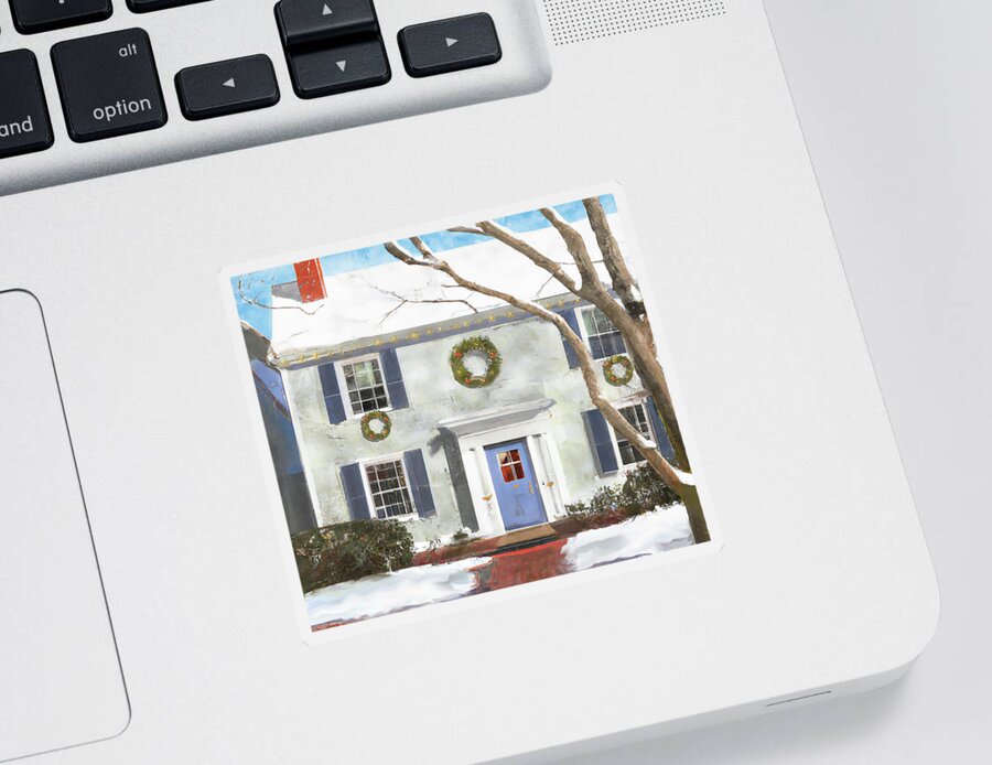 House Sticker featuring the digital art Home for the Holidays - House with Wreaths by Alison Frank