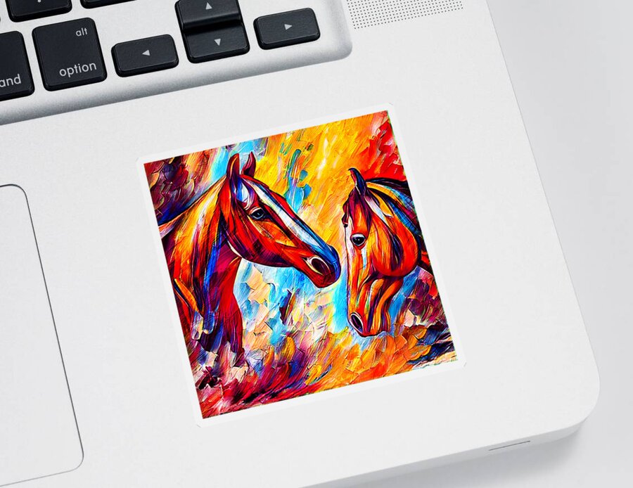 Horse Sticker featuring the digital art Horses watching each other - colorful dark orange, red and cyan portrait by Nicko Prints