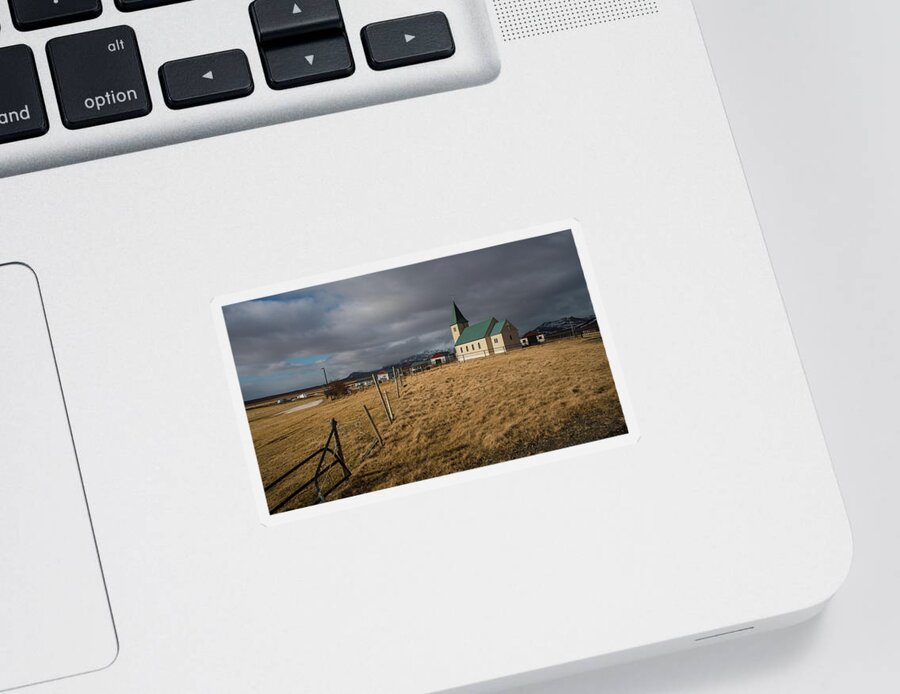 Icelandic Sticker featuring the photograph Icelandinc landscape with traditional church in Iceland by Michalakis Ppalis