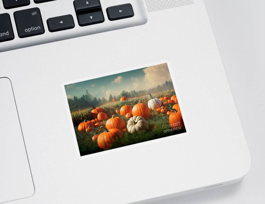 Pumpkin Sticker featuring the photograph Idyllic field of pumplkins on sunny day by Jelena Jovanovic