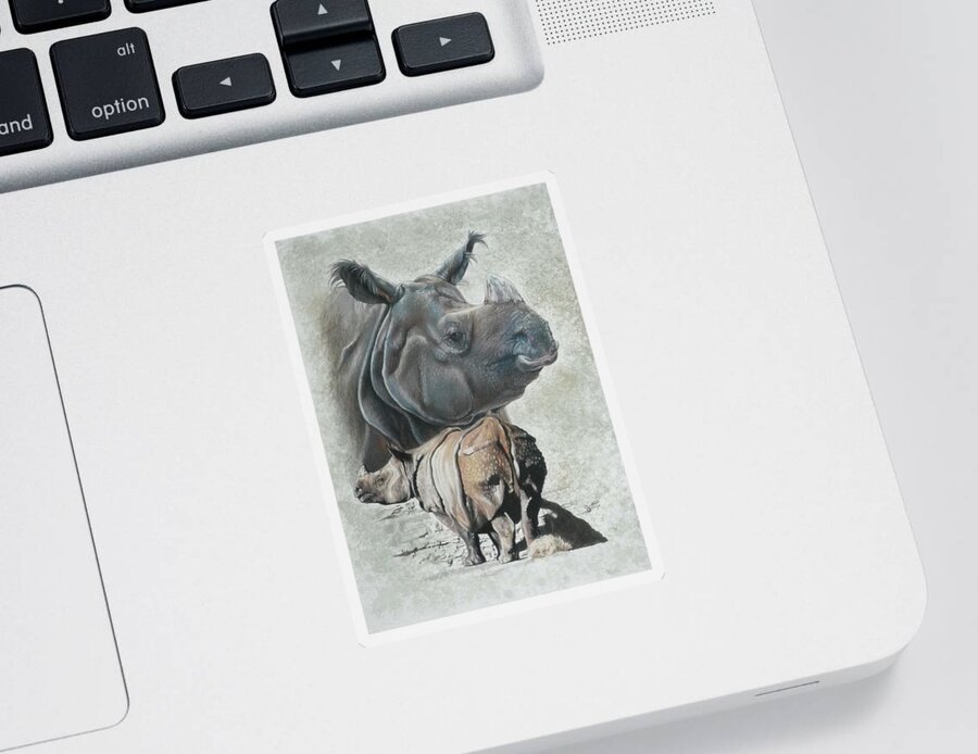 Rhino Sticker featuring the mixed media Vulnerable by Barbara Keith