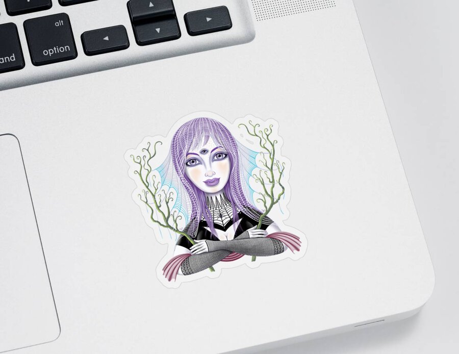 Fantasy Sticker featuring the digital art Insect Girl, Spiderella with Branches by Valerie White