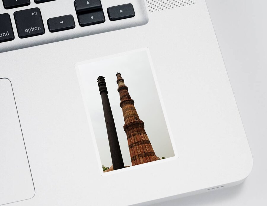 Delhi Sticker featuring the photograph Iron Pillar and Qutab Minar, Delhi by Aashish Vaidya