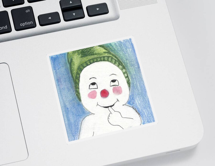 Snowman Sticker featuring the painting Jacques Frost Snowman with Rosy cheeks and a Green Toboggan by Ali Baucom