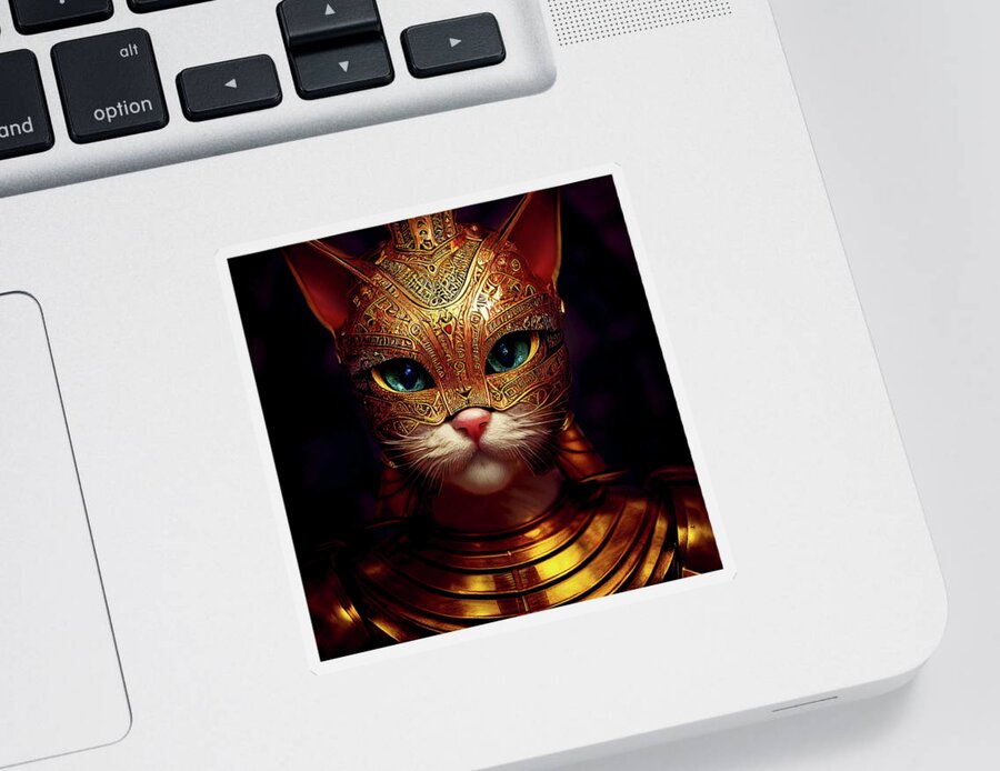 Cat Warriors Sticker featuring the digital art Jade the Cat Warrior in Gold Armor by Peggy Collins