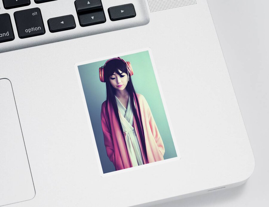 Woman Sticker featuring the digital art Japanese Girl wearing Headphones by Matthias Hauser
