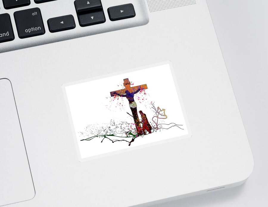 Jesus Sticker featuring the painting Jesus On The Cross by Miki De Goodaboom
