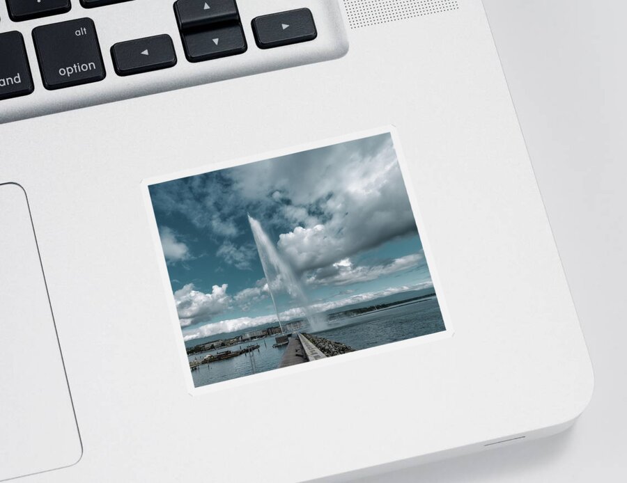 Geneva Sticker featuring the photograph Jet d'Eau Dance with the Clouds by Benoit Bruchez