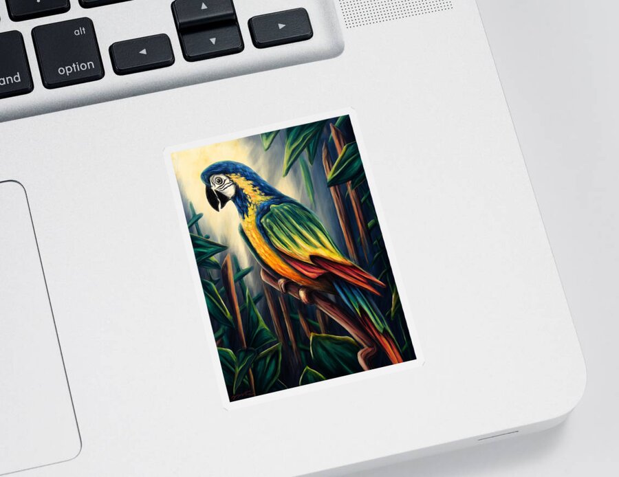 Bird Sticker featuring the painting Jungle parrot painting, colorful macaw by Nadia CHEVREL