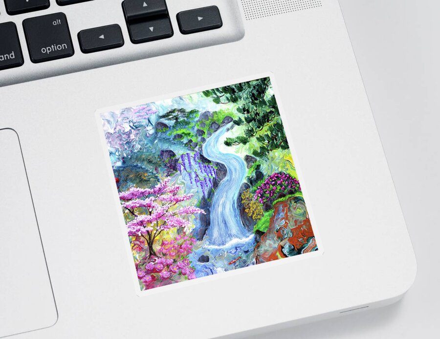 Sakura Sticker featuring the painting Koi Beneath a Cascading Waterfall by Laura Iverson