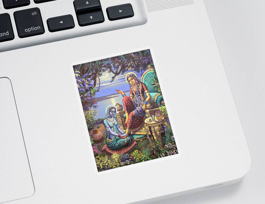 Krishna Sticker featuring the painting Krishna disguised as gopi by Vrindavan Das