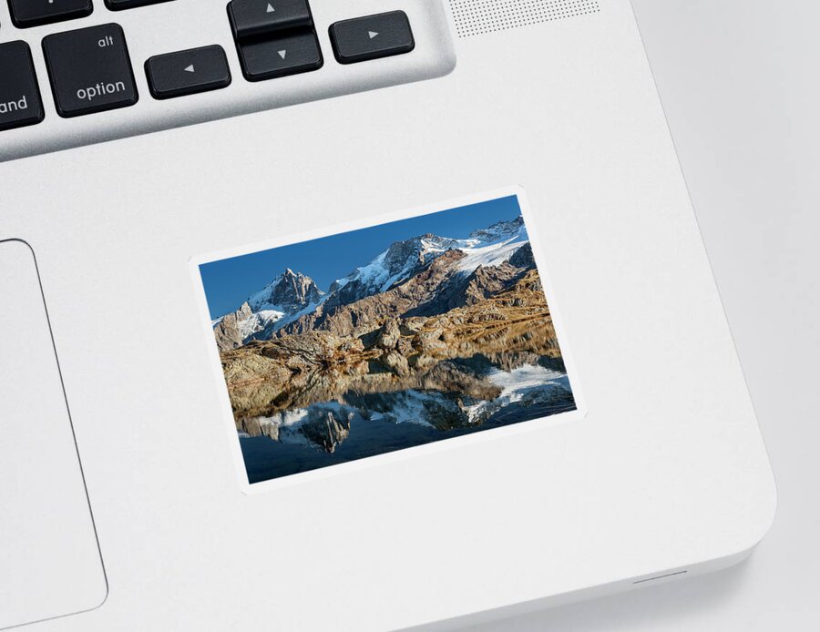 Lake Sticker featuring the photograph La Meije peak mirrored in Lake Lerie by Olivier Parent