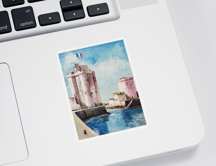 Landscape Sticker featuring the painting La Rochelle Towers by Merana Cadorette