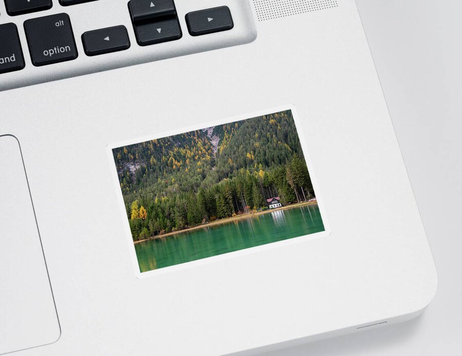 Italy Sticker featuring the photograph House in the lake and forest. Lago di dobbiaco lake. Italian aps by Michalakis Ppalis