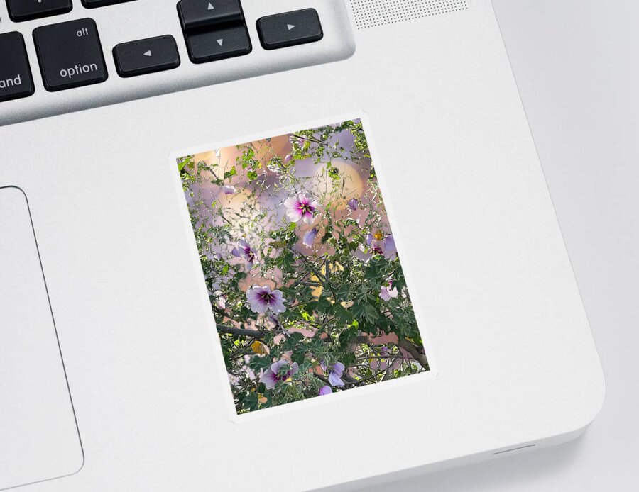 Lavender Purple Green Yellow Ivory Sticker featuring the digital art Lavender Hibiscus with bokeh background by Kathleen Boyles