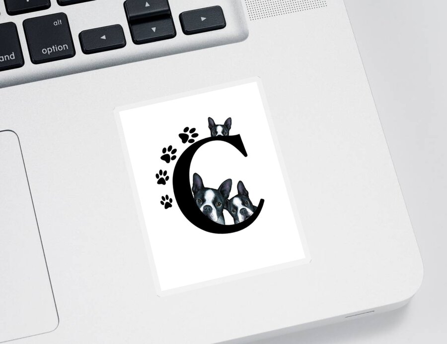 Letter C Sticker featuring the mixed media Letter C Monogram Boston Terrier Dogs by Lucie Dumas