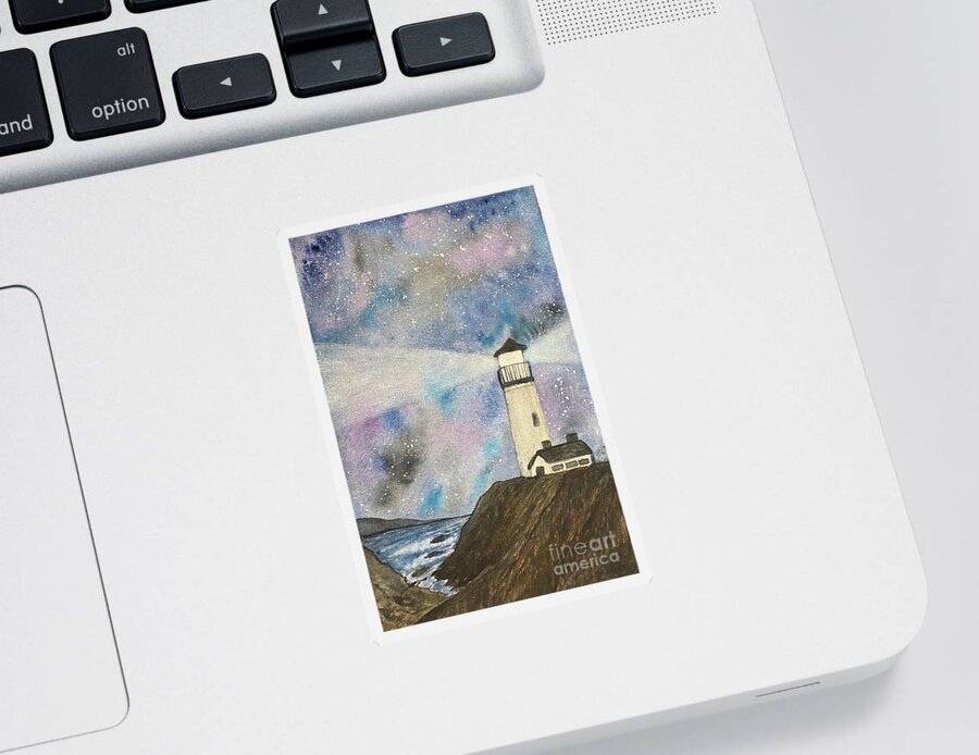 Lighthouse Sticker featuring the painting Lighthouse at Night by Lisa Neuman