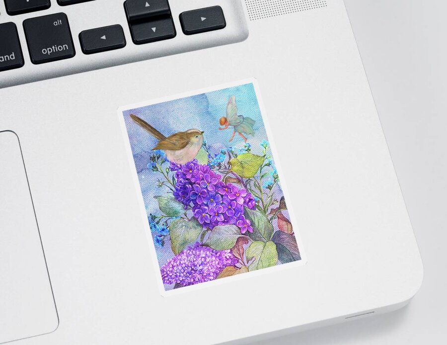 Flower Fairy Sticker featuring the painting Lilac Flower Fairy with Birdie by Judith Cheng