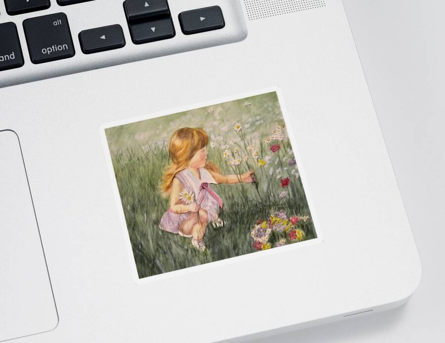 Little Girl Painting Sticker featuring the mixed media Little Girl Picking Flowers by Kelly Mills