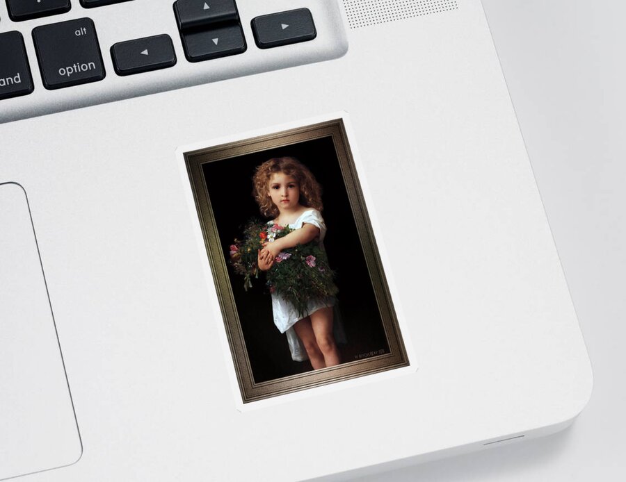 Little Girl With Flowers Sticker featuring the painting Little Girl With Flowers by William-Adolphe Bouguereau by Rolando Burbon