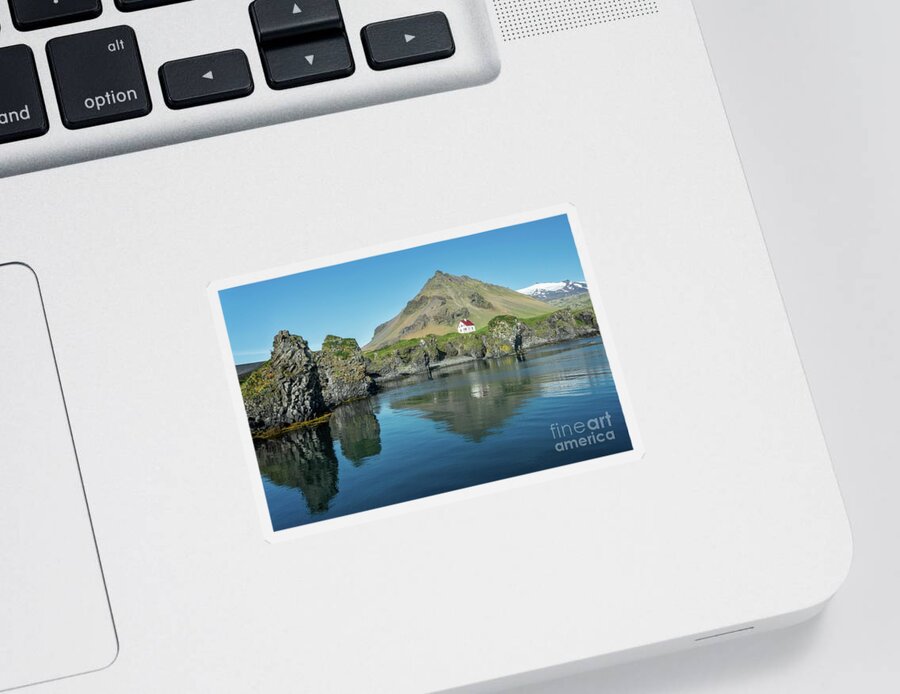 Iceland Sticker featuring the photograph Little white house in Arnarstapi, Iceland by Delphimages Photo Creations