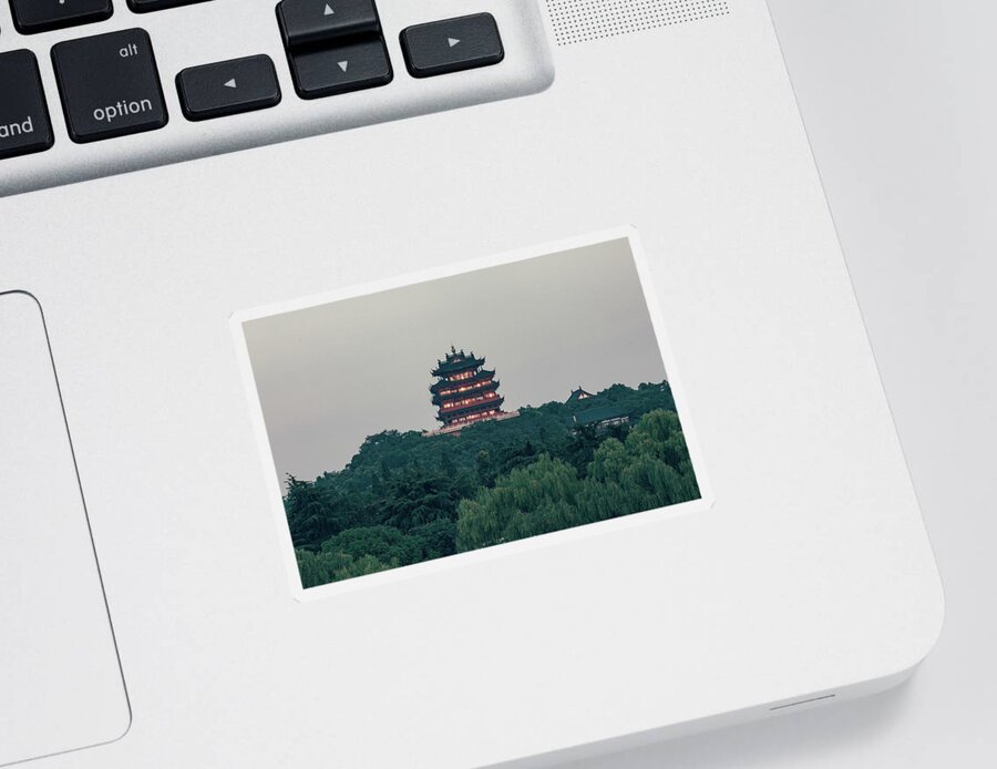 2013 Sticker featuring the photograph Liuhe Pagoda at sunset by Benoit Bruchez