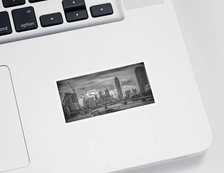 London Sticker featuring the photograph London Skyline Along the River Thames, Black and White by Marcy Wielfaert