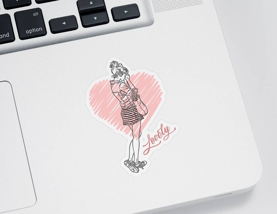 Fashion Girl Sticker featuring the drawing Lovely Girl Carrying Handbag Illustration, Drawing Art, Graffiti Girl, Comics, Child, Painted Heart by Mounir Khalfouf