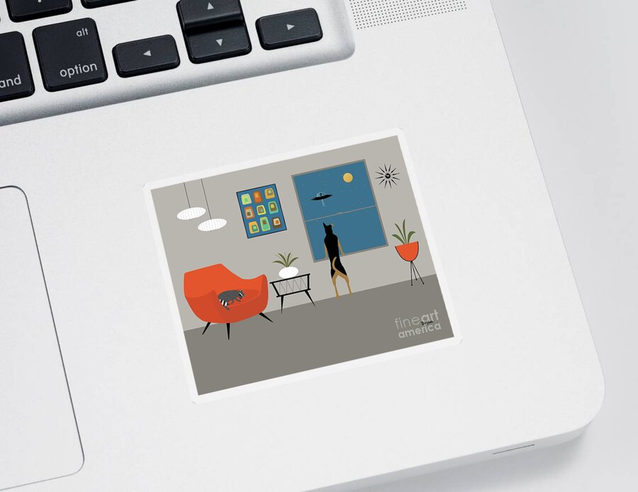 Mid Century Room Scene Sticker featuring the digital art Macki and Raccoon Friend by Donna Mibus