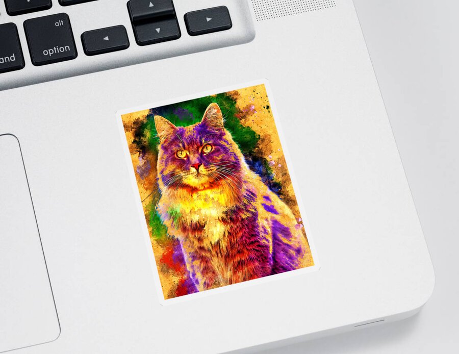 Maine Coon Sticker featuring the digital art Maine Coon cat sitting - digital painting with vintage look by Nicko Prints