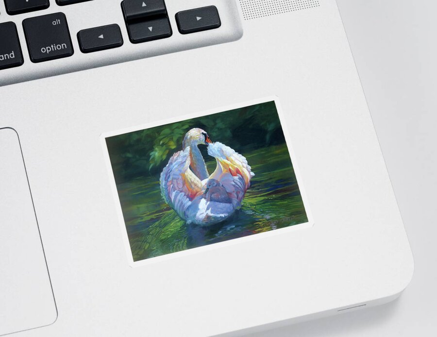 Swan And Cygnet Sticker featuring the painting Mama's Soft Embrace by Marguerite Chadwick-Juner