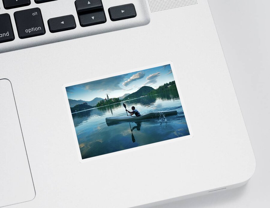 Bled Sticker featuring the photograph Man canoeing on Lake Bled by Ian Middleton