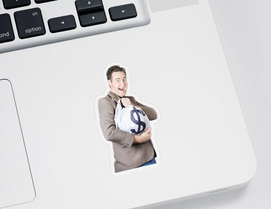 Money Sticker featuring the photograph Man holding large sum of money in bank deposit bag by Jorgo Photography