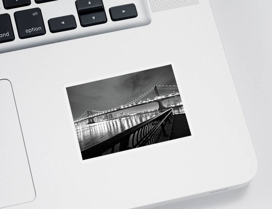 Brooklyn Bridge Sticker featuring the photograph Manhattan bridge and Williamsburg bridge Black and White by Toby McGuire