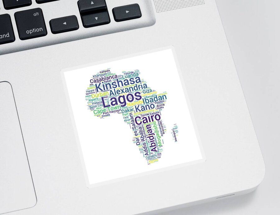 Africa Map Sticker featuring the digital art Map of Africa with Word Cloud of City Names by Alexios Ntounas