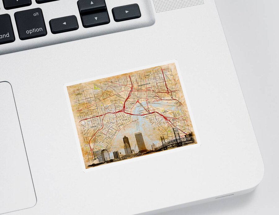 Map Sticker featuring the digital art Map of Downtown Jacksonville, Florida, and skyline blended on old paper by Nicko Prints