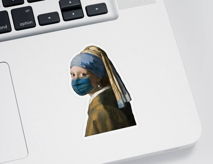 Coronavirus Sticker featuring the digital art Masked Girl with a Pearl Earring by Nikki Marie Smith