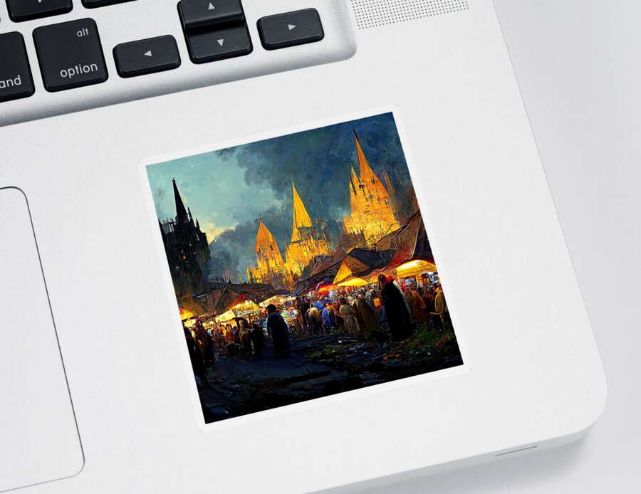 Medieval Sticker featuring the painting Medieval Fantasy Town, 07 by AM FineArtPrints