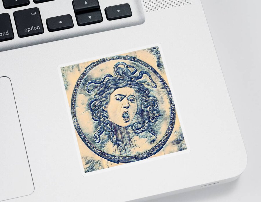 Medusa Sticker featuring the digital art Medusa by Caravaggio in the style of the Great Wave off Kanagawa - digital recreation by Nicko Prints
