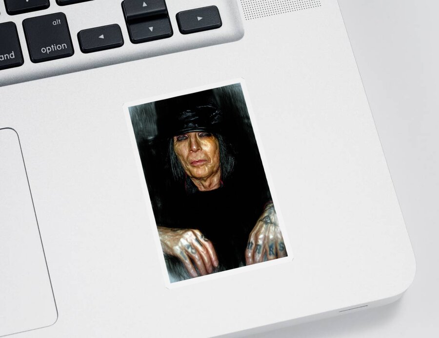 Mick Mars Sticker featuring the mixed media Mick Mars by Mal Bray