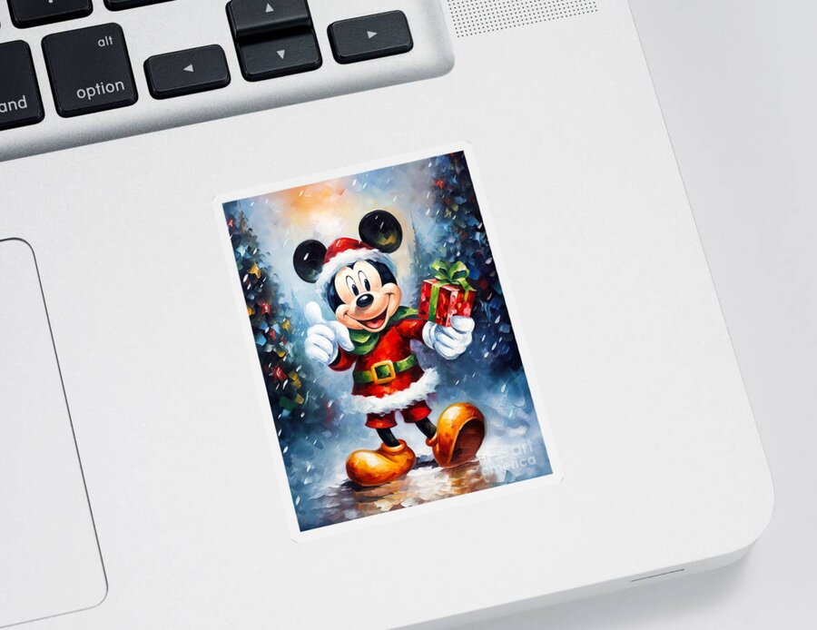 Mickey Mouse Sticker featuring the painting Mickey Mouse Santa Claus by Mark Ashkenazi
