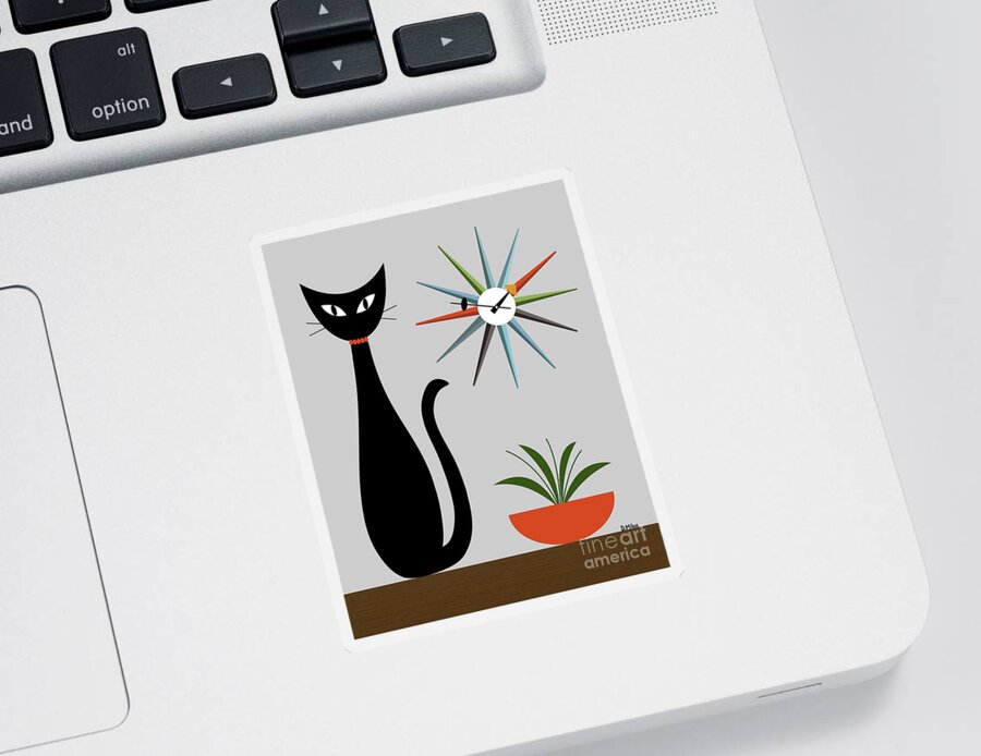 Mid Century Cat Sticker featuring the digital art Mid Century Cat with Starburst Clock on Gray by Donna Mibus