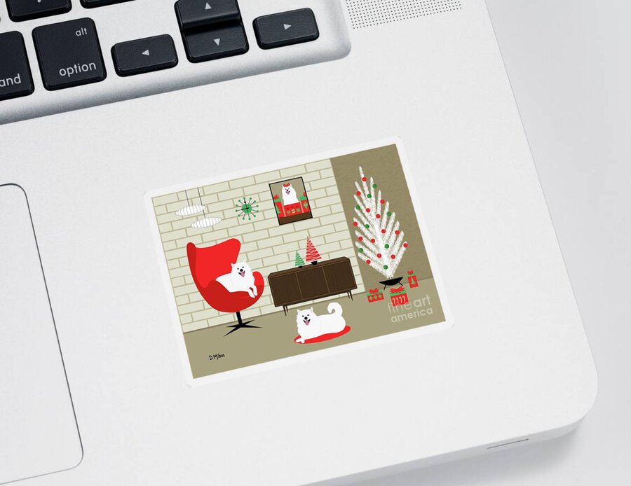 Mid Century Dog Sticker featuring the digital art Mid Century Christmas Room Two White Dogs by Donna Mibus