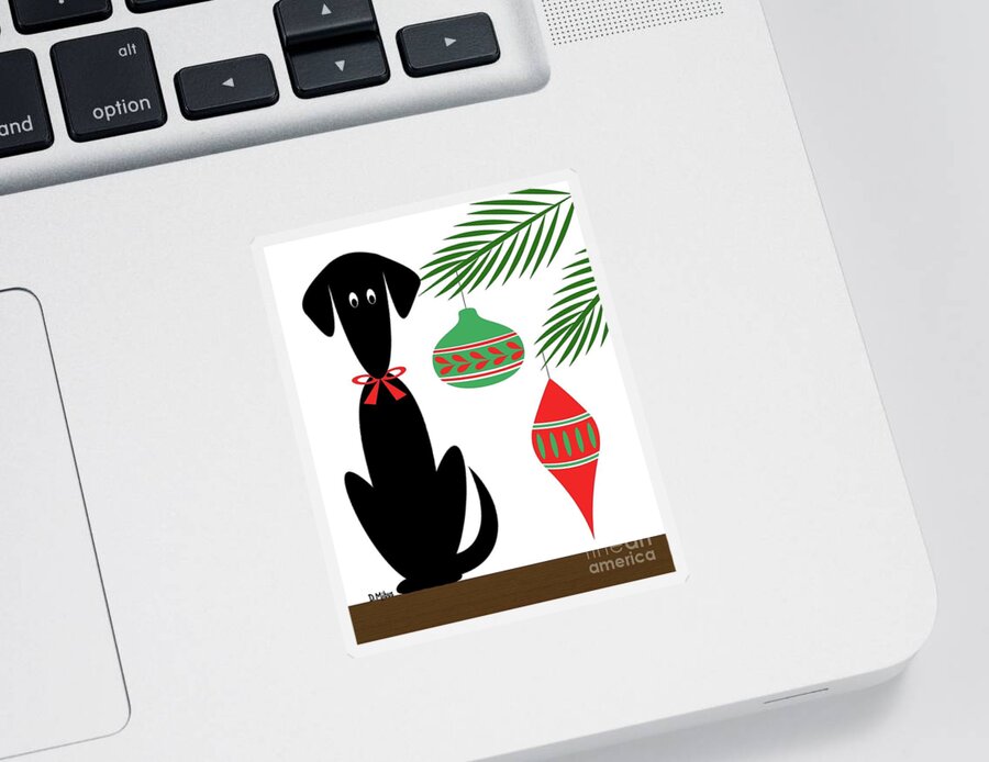 Mid Century Modern Sticker featuring the digital art Mid Century Holiday Dog with Ornaments by Donna Mibus