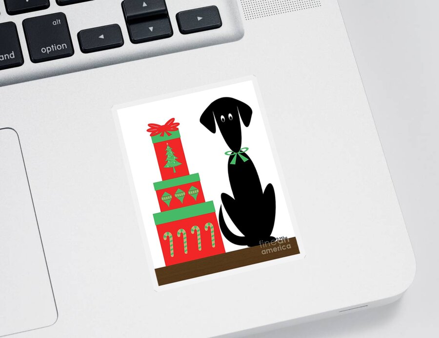 Mid Century Modern Sticker featuring the digital art Mid Century Holiday Dog with Presents by Donna Mibus