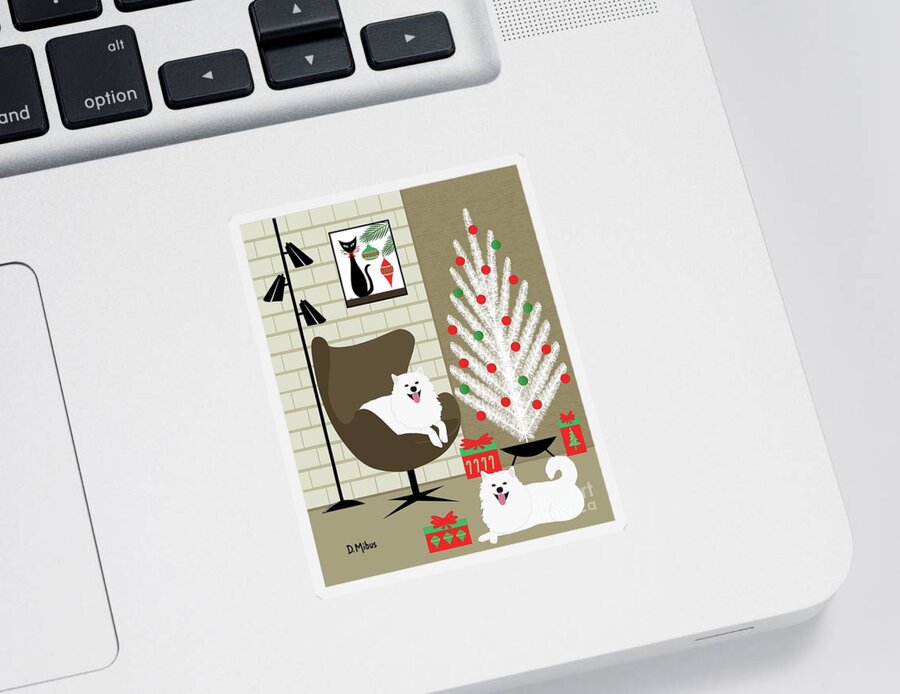 Mid Century Modern Sticker featuring the digital art Mid Century Holiday Room with Two White Dogs by Donna Mibus
