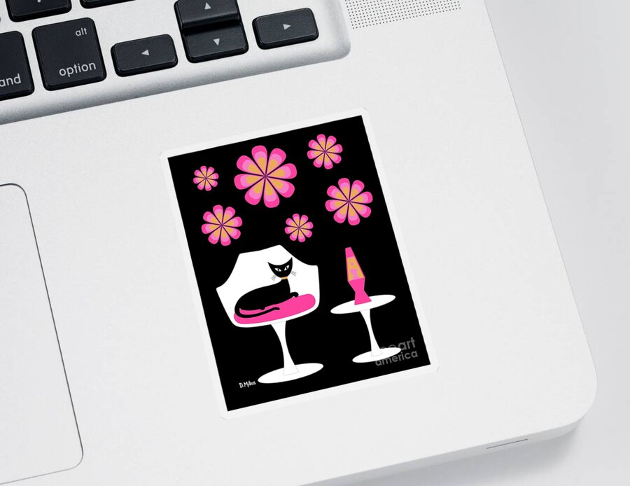 Mid Century Cat Sticker featuring the digital art Mid Century Tulip Chair with Pink Mod Flowers by Donna Mibus