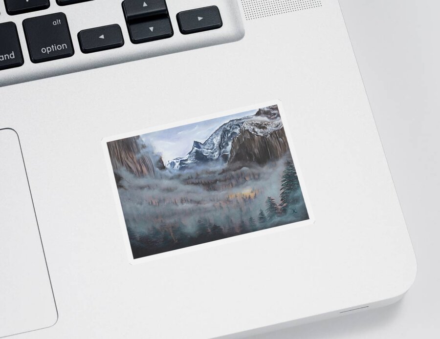 Yosemite Sticker featuring the painting Misty Vale by Neslihan Ergul Colley