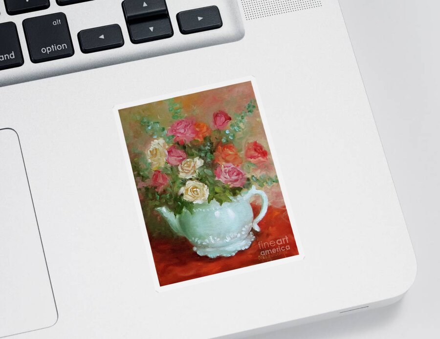 Red Roses Sticker featuring the painting Mixed Rose Bouquet in Turquoise Vase by Cheri Wollenberg